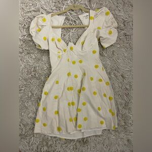 For Love And Lemons White and Yellow Pleated Puff Sleeve Mini Dress
